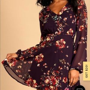 Lulus Always Yours Plum Purple Floral Print Long Sleeve Skater Dress Small